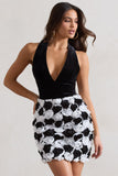 Serenade Black & White Plunge Halter-Neck Mini Dress With Flowers