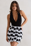Serenade Black & White Plunge Halter-Neck Mini Dress With Flowers