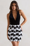 Serenade Black & White Plunge Halter-Neck Mini Dress With Flowers