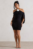 Adriana Black Ruched Halter-Neck Draped Mini Dress With Corsage