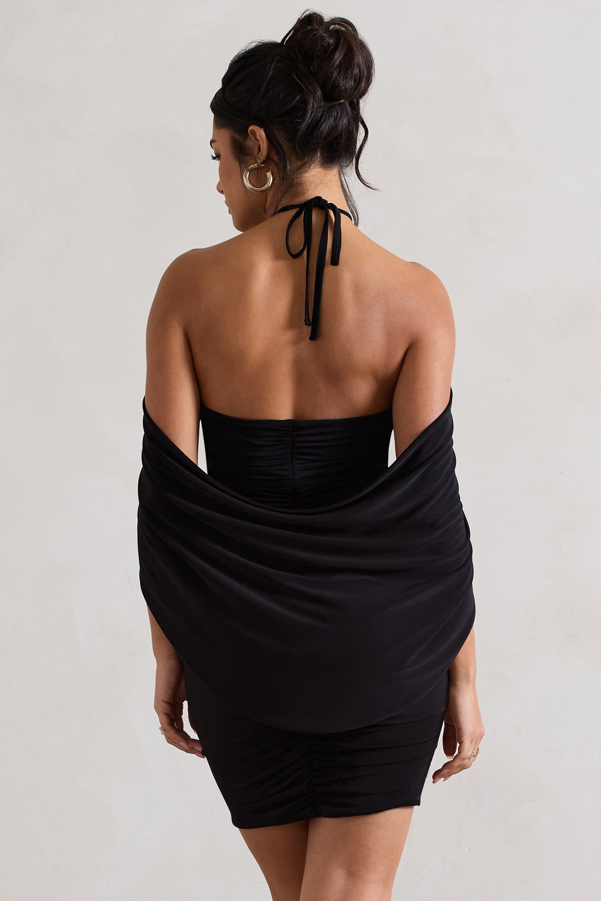 Adriana Black Ruched Halter-Neck Draped Mini Dress With Corsage
