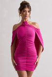 Adriana Dark Pink Ruched Halter-Neck Draped Mini Dress With Corsage