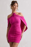 Adriana Dark Pink Ruched Halter-Neck Draped Mini Dress With Corsage