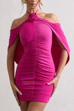 Adriana Dark Pink Ruched Halter-Neck Draped Mini Dress With Corsage