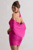 Adriana Dark Pink Ruched Halter-Neck Draped Mini Dress With Corsage
