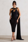 Freedom Black Strappy Asymmetric Cut-Out Midi Dress With Cape