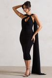 Freedom Black Strappy Asymmetric Cut-Out Midi Dress With Cape