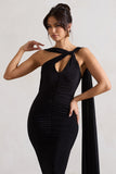 Freedom Black Strappy Asymmetric Cut-Out Midi Dress With Cape