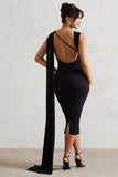 Freedom Black Strappy Asymmetric Cut-Out Midi Dress With Cape