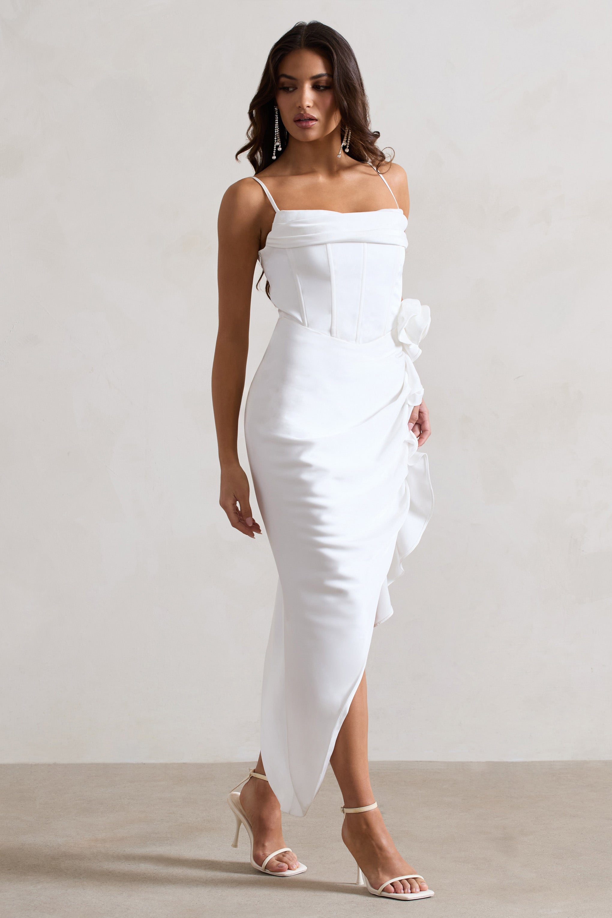 On The List White Asymmetric Corset Maxi Dress With Floral Drape