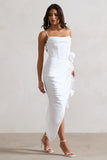 On The List White Asymmetric Corset Maxi Dress With Floral Drape