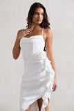On The List White Asymmetric Corset Maxi Dress With Floral Drape