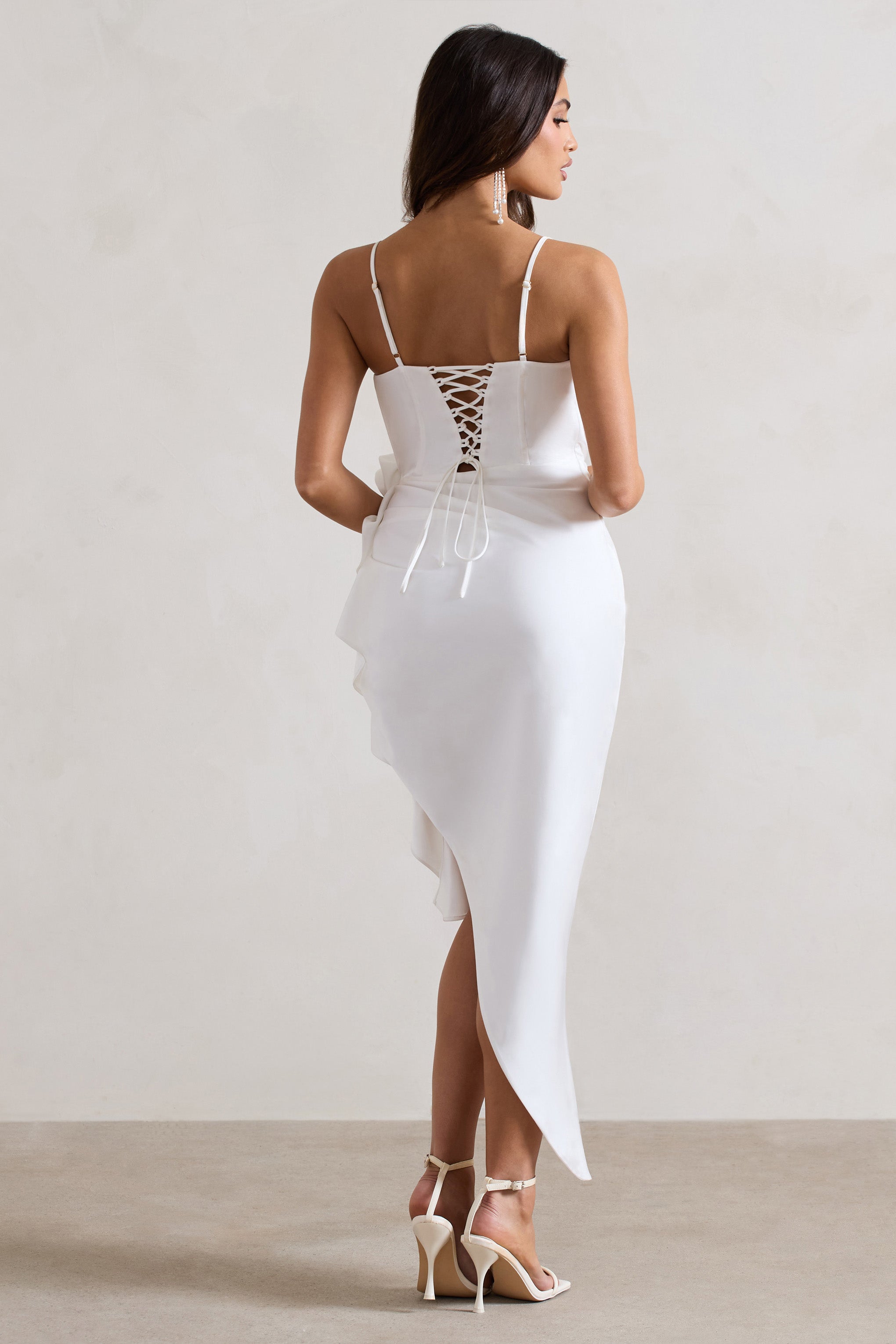 On The List White Asymmetric Corset Maxi Dress With Floral Drape