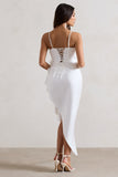 On The List White Asymmetric Corset Maxi Dress With Floral Drape
