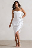 On The List White Asymmetric Corset Maxi Dress With Floral Drape