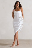 On The List White Asymmetric Corset Maxi Dress With Floral Drape
