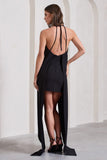 Enigmatic Black Halter-Neck Draped Mini Dress With Floral Corsage
