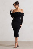 Sierra Black Mesh Ruched Floral Bardot Lace-Up Midi Dress