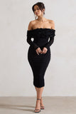Sierra Black Mesh Ruched Floral Bardot Lace-Up Midi Dress