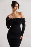 Sierra Black Mesh Ruched Floral Bardot Lace-Up Midi Dress