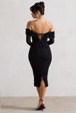 Sierra Black Mesh Ruched Floral Bardot Lace-Up Midi Dress