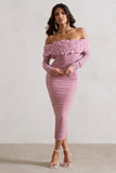 Sierra Pink Mesh Ruched Floral Bardot Lace-Up Midi Dress