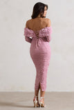 Sierra Pink Mesh Ruched Floral Bardot Lace-Up Midi Dress