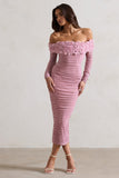 Sierra Pink Mesh Ruched Floral Bardot Lace-Up Midi Dress
