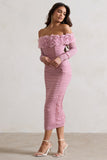 Sierra Pink Mesh Ruched Floral Bardot Lace-Up Midi Dress