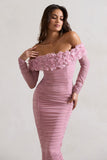Sierra Pink Mesh Ruched Floral Bardot Lace-Up Midi Dress