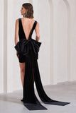 Gifting Black Velvet Plunge Mini Dress With Oversized Bow