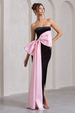 Best Wishes Black Velvet Bandeau Split Maxi Dress With Oversized Pink Bow