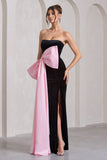 Best Wishes Black Velvet Bandeau Split Maxi Dress With Oversized Pink Bow