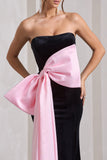 Best Wishes Black Velvet Bandeau Split Maxi Dress With Oversized Pink Bow
