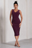 Out Of Love Plum Ruched Bodycon Plunge-Neck Midi Dress