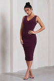 Out Of Love Plum Ruched Bodycon Plunge-Neck Midi Dress