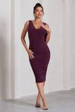 Out Of Love Plum Ruched Bodycon Plunge-Neck Midi Dress