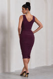 Out Of Love Plum Ruched Bodycon Plunge-Neck Midi Dress
