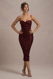 New Energy Plum Sequin Strappy Ruched Bodycon Midi Dress
