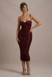 New Energy Plum Sequin Strappy Ruched Bodycon Midi Dress