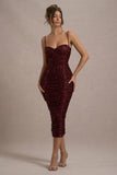 New Energy Plum Sequin Strappy Ruched Bodycon Midi Dress