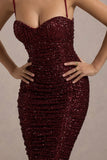 New Energy Plum Sequin Strappy Ruched Bodycon Midi Dress