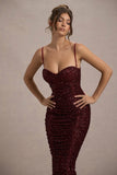 New Energy Plum Sequin Strappy Ruched Bodycon Midi Dress