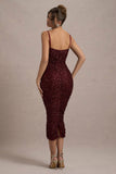 New Energy Plum Sequin Strappy Ruched Bodycon Midi Dress