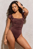 Riviera Bronze Ruched Open-Back Swimsuit With Ruffled Straps