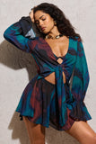 Rosalia Blue Print Plunge-Neck Long-Sleeve Gathered Playsuit