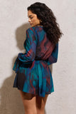 Rosalia Blue Print Plunge-Neck Long-Sleeve Gathered Playsuit
