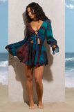 Rosalia Blue Print Plunge-Neck Long-Sleeve Gathered Playsuit