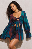 Rosalia Blue Print Plunge-Neck Long-Sleeve Gathered Playsuit