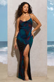 Kali Blue Print Cowl-Neck Open-Back Split Maxi Dress